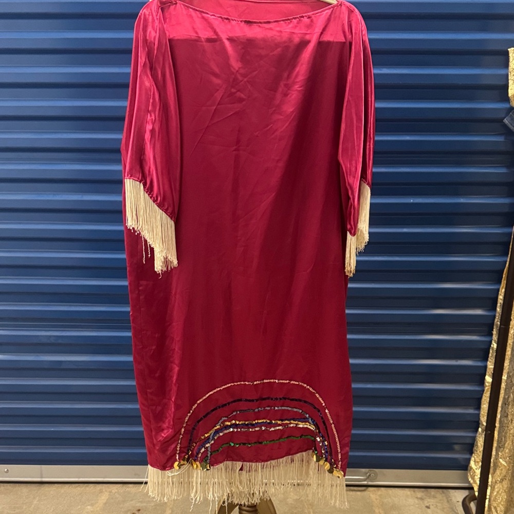 Vintage Magenta Long Sleeve Fringe Dress with Gold Trim